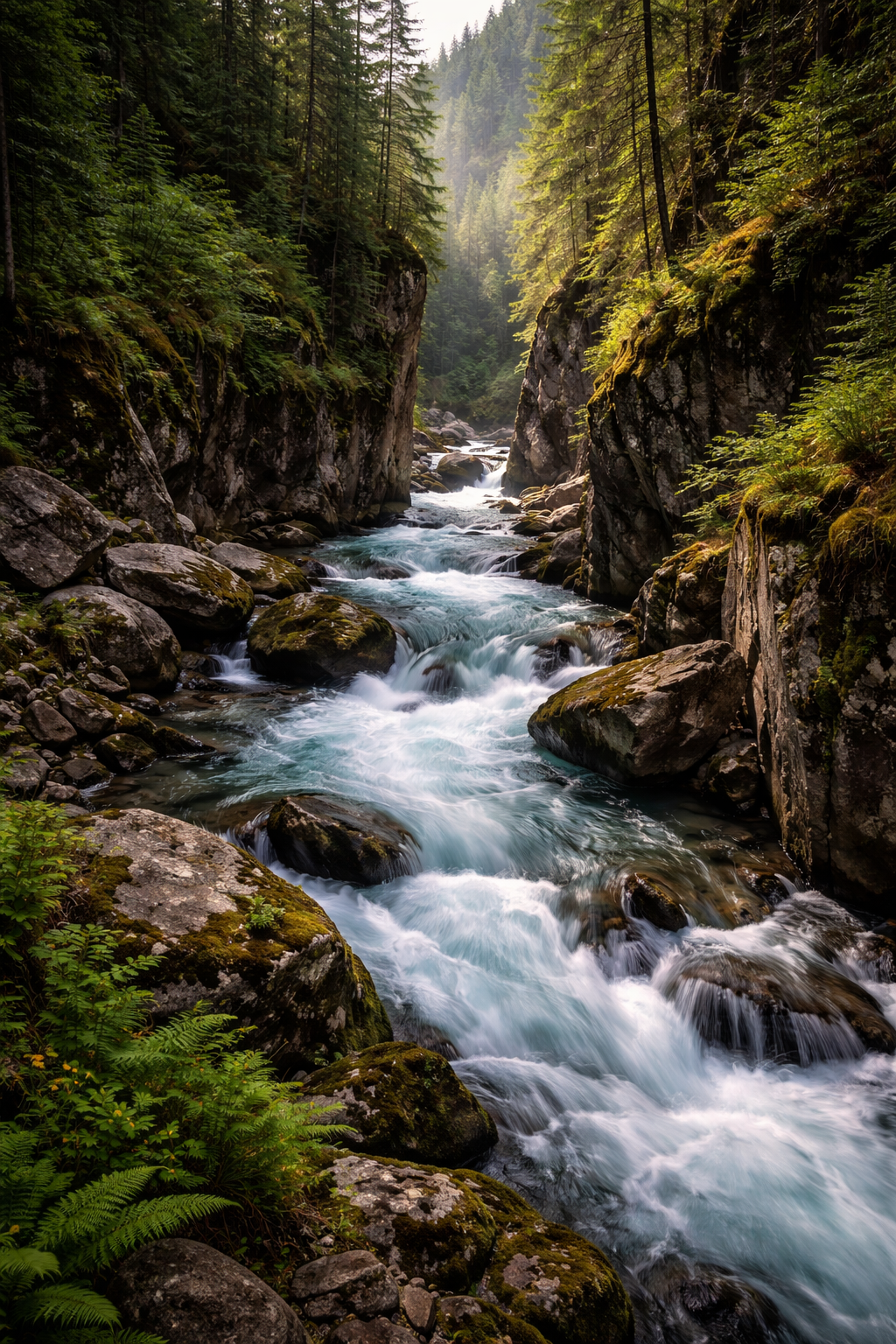 A fast flowing clear river cutting through a deep rocky canyon, lush green edges, adventure setting, photorealistic, no people